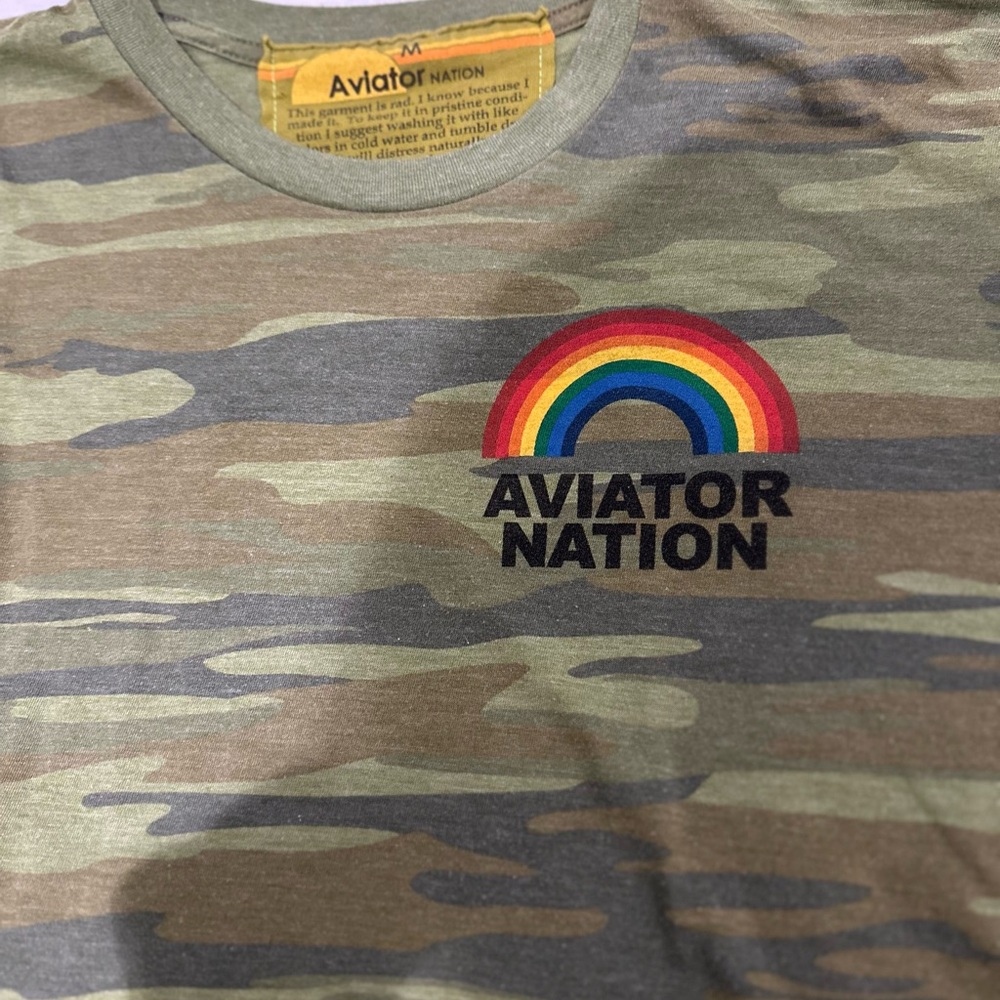 Aviator Nation Camo Short Sleeve Tee with Rainbow Logo
